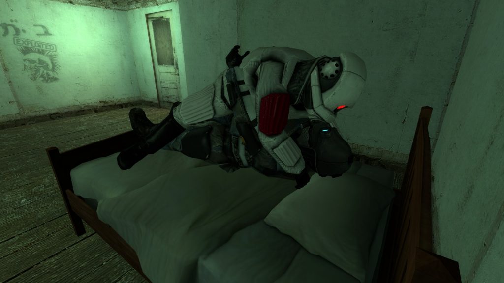 Two combine soldiers on the bed, making love. :P